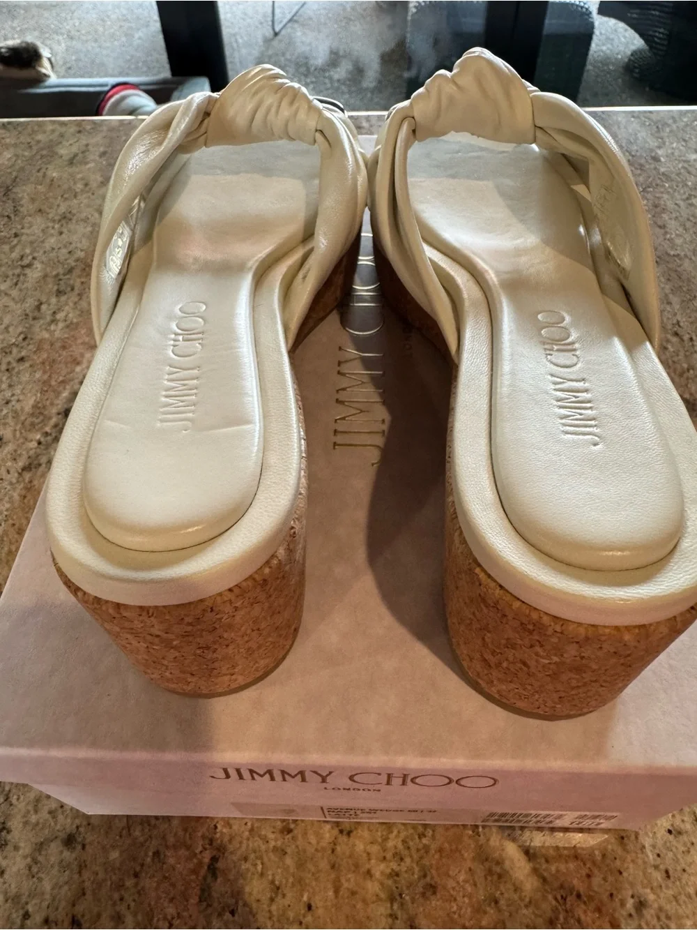 Jimmy Choo Cream Knotted Cork Wedge Sandals with Gold Trim NEVER WORN